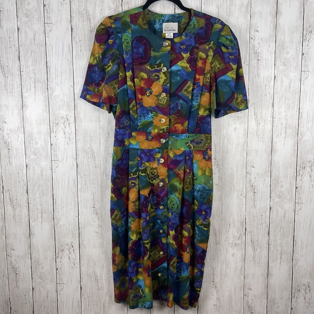 Vintage Via Sant Andrea Dress‎ Women 14 Petite Multicolor Floral Artsy Retro 80s
